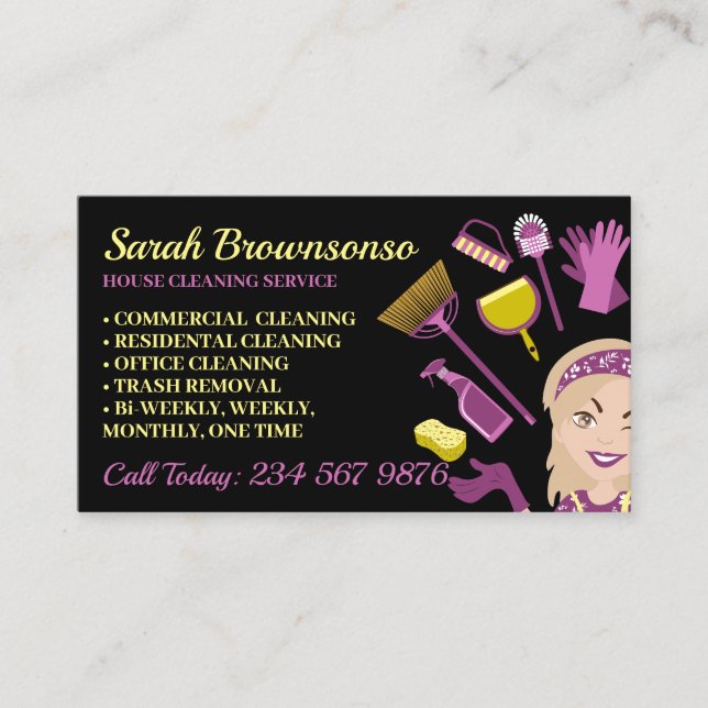 Beige Blonde Hair Woman Janitorial House Cleaning Business Card (Front)