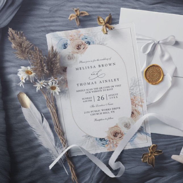 Beige Blue Boho Floral Rustic QR Code Wedding Invitation (Creator Uploaded)