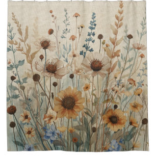 Beige Blue Brown Wild Flower Shower Curtain