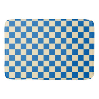 Beige + Blue Check Chequered Chequerboard Pattern Bath Mat