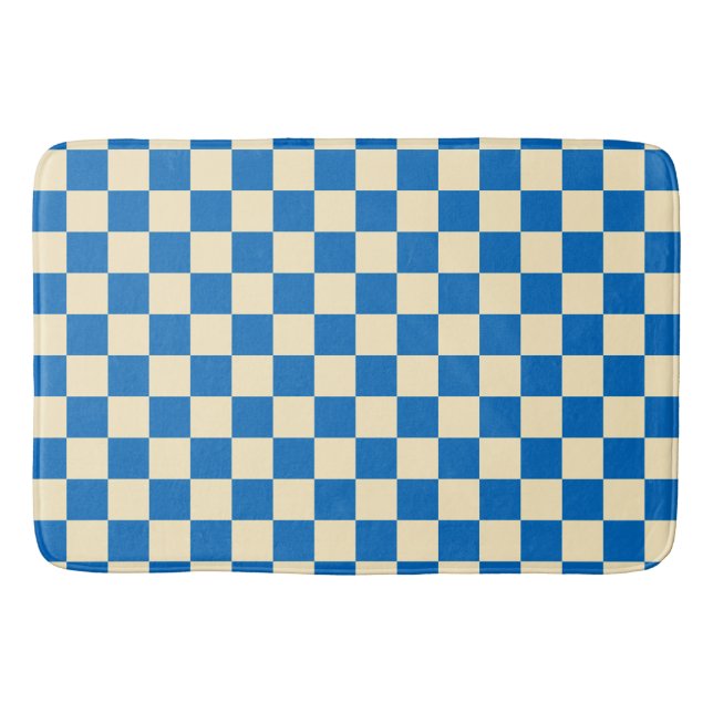 Beige + Blue Check Chequered Chequerboard Pattern Bath Mat (Front)