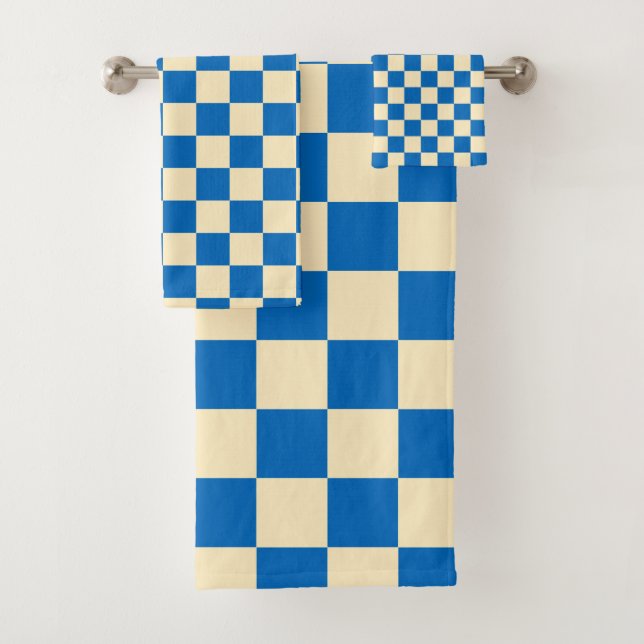 Beige + Blue Check Chequered Chequerboard Pattern Bath Towel Set (Insitu)