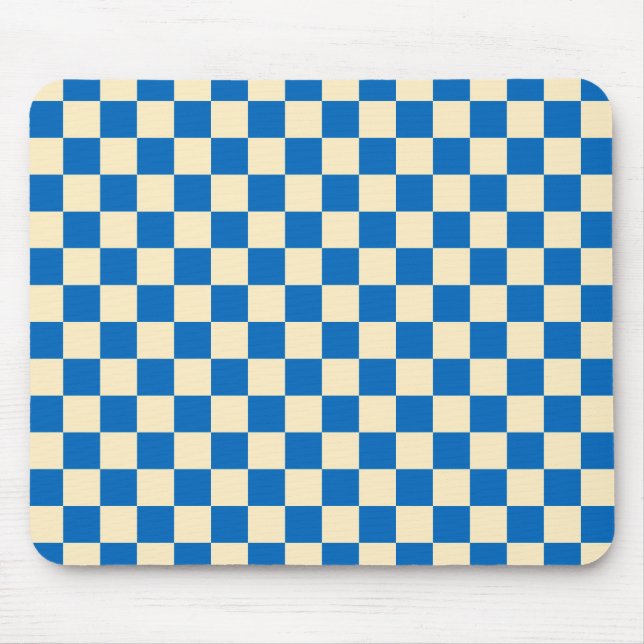Beige + Blue Check Chequered Chequerboard Pattern Mouse Mat (Front)