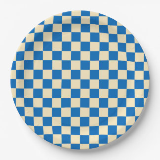 Beige + Blue Check Chequered Chequerboard Pattern Paper Plate