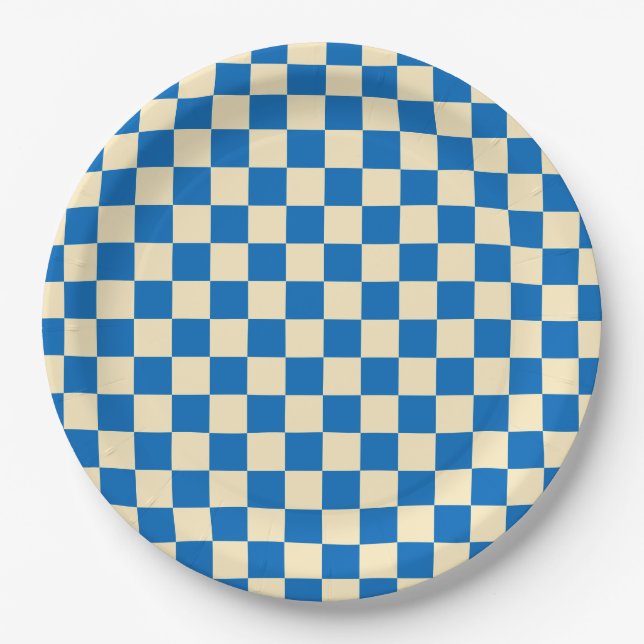 Beige + Blue Check Chequered Chequerboard Pattern Paper Plate (Front)