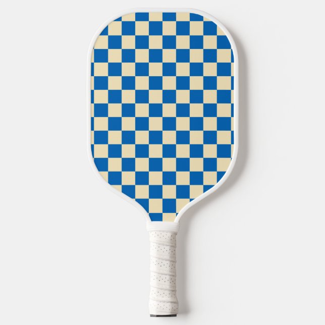 Beige + Blue Check Chequered Chequerboard Pattern Pickleball Paddle (Front)