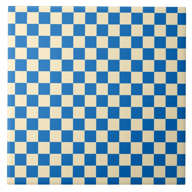 Beige + Blue Check Chequered Chequerboard Pattern Tile (Front)