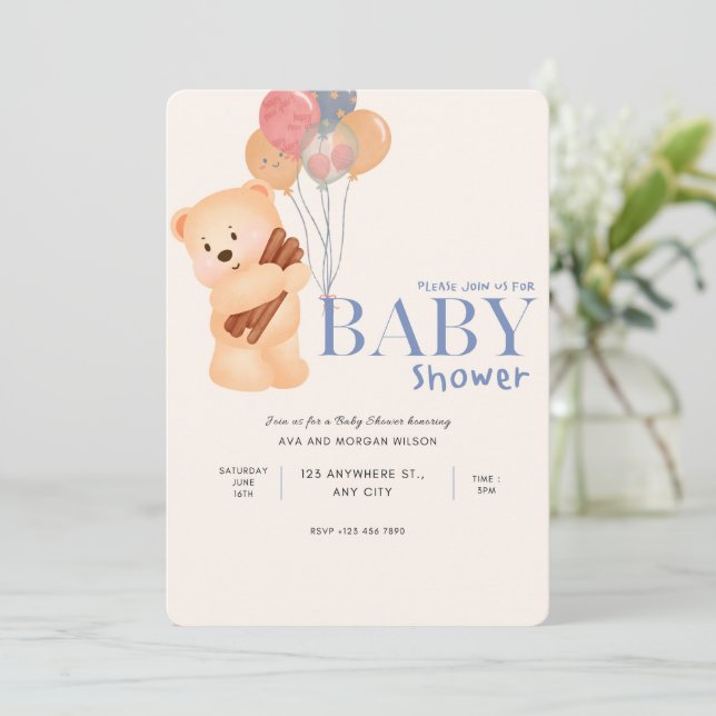 Beige Blue Cute Bear Baby Shower Invitation (Standing Front)