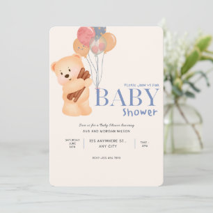 Beige Blue Cute Bear Baby Shower Invitation