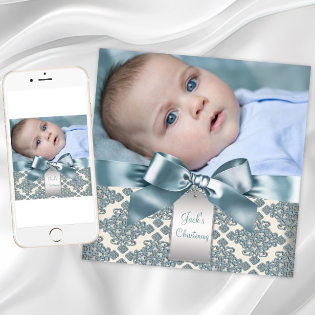 Beige Blue Damask Baby Boy Photo Christening Invitation (Boy photo Christening or Baptism invitation. Instant download and printed invitations available.)