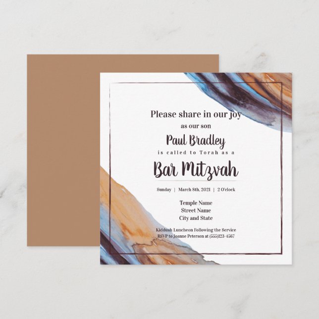 Beige, Blue, Eggplant Bar Mitzvah Invitation (Front/Back)