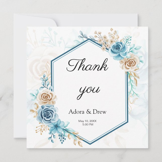 Beige blue Elegant Floral Wedding Thank You Card (Front)
