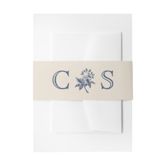 Beige blue flowers wedding monograms  invitation belly band