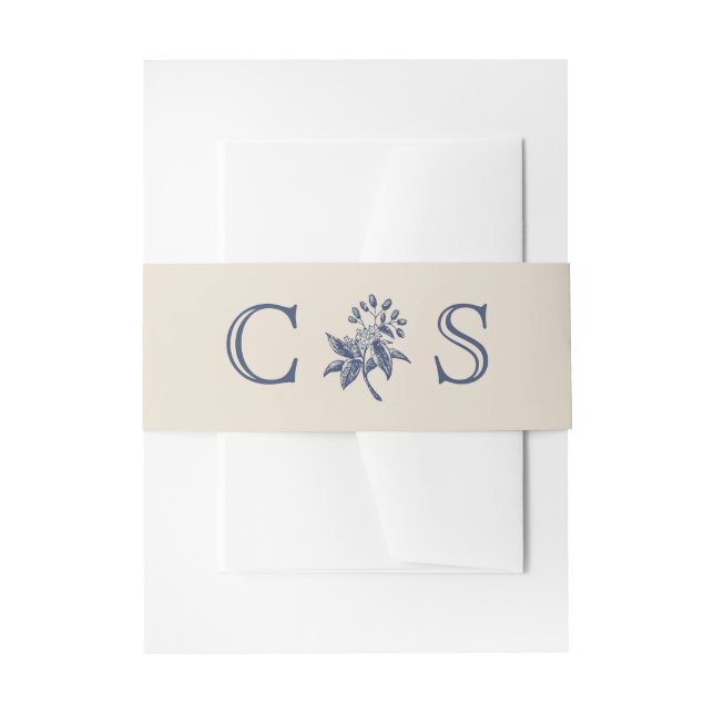 Beige blue flowers wedding monograms  invitation belly band (Front Example)