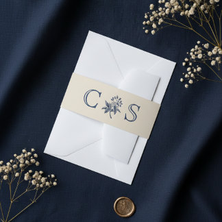 Beige blue flowers wedding monograms  invitation belly band