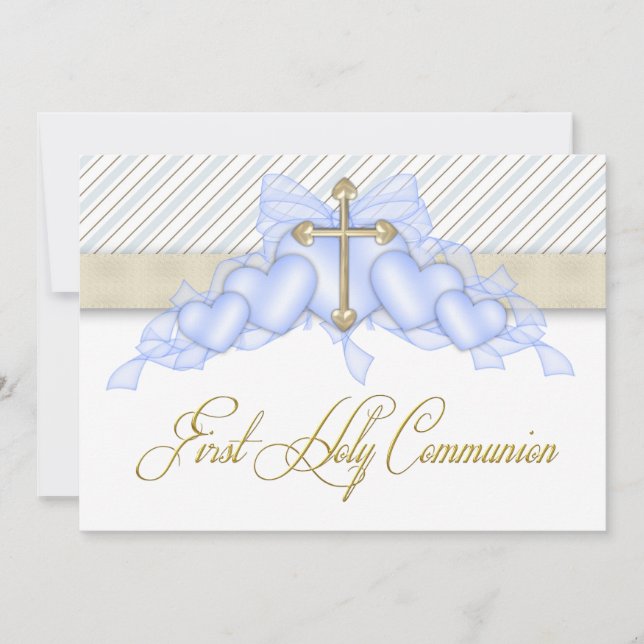 Beige Blue Gold Cross Boys Blue First Communion Invitation (Front)