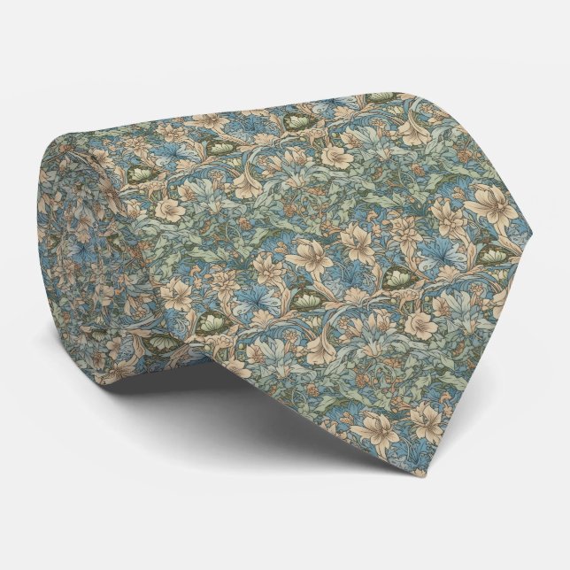 Beige Blue Green Floral Men's Tie (Rolled)