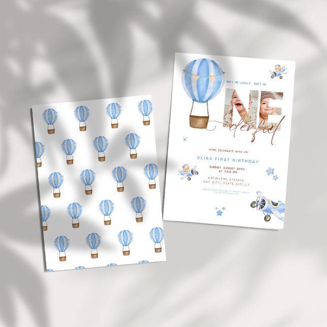 Beige Blue hot Air Ballon Onederful 1st Birthday  Invitation (Creator Uploaded)