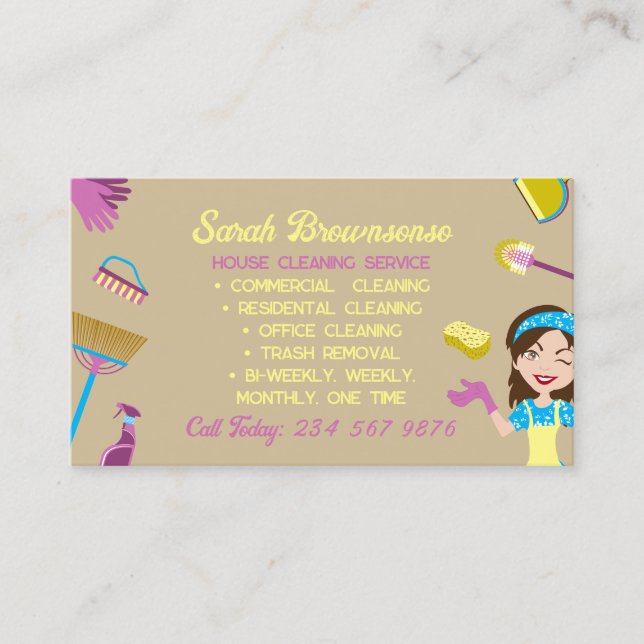 Beige Blue Pink Housekeeper cleaning Janitorial Business Card (Front)