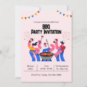 Beige Blue Playful BBQ Party Invitation