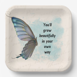 Beige Blue Vintage Butterfly 9" Square Paper Plate