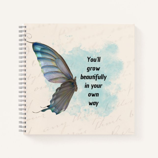 Beige Blue Vintage Butterfly Spiral Notebook (Front)