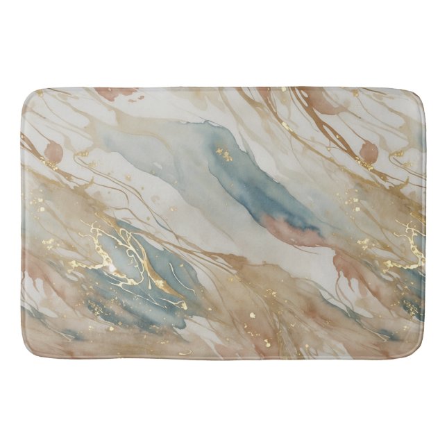 Beige & Blue Watercolor Abstract Marble Bath Mat (Front)