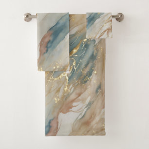 Beige & Blue Watercolor Abstract Marble Bath Towel Set