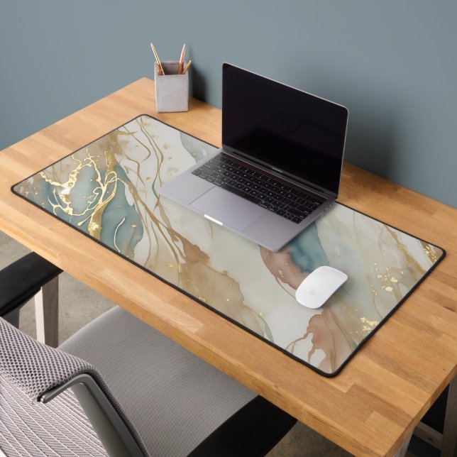 Beige & Blue Watercolor Abstract Marble Desk Mat (Office 2)
