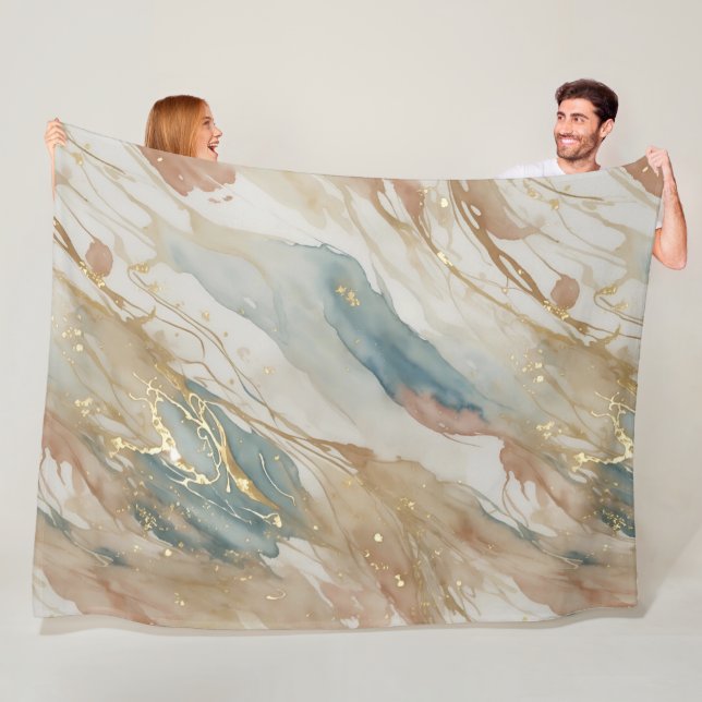 Beige & Blue Watercolor Abstract Marble Fleece Blanket (In Situ)