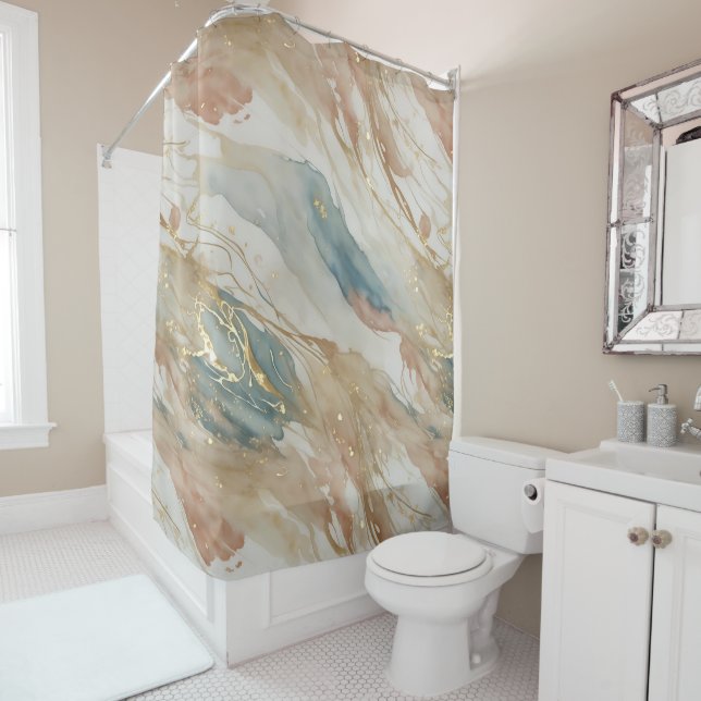 Beige & Blue Watercolor Abstract Marble Shower Curtain (In Situ)