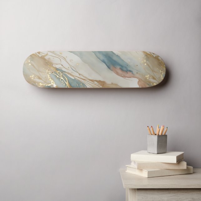 Beige & Blue Watercolor Abstract Marble Skateboard (Wall Art (Horz))