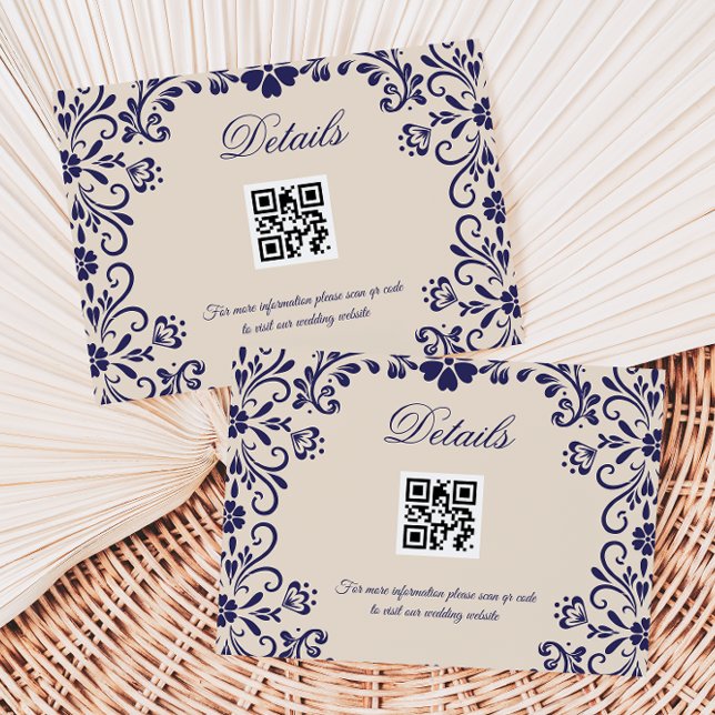 Beige Blue Wedding Qr code Details Enclosure Card (Creator Uploaded)