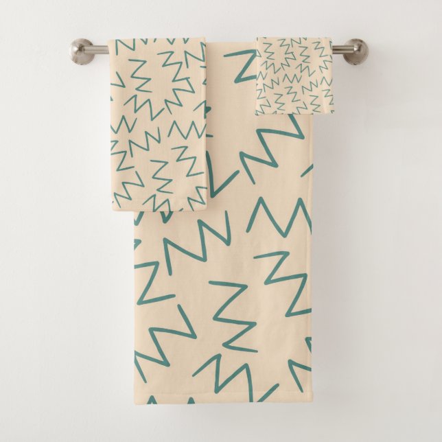 Beige Blue Zig Zag Pattern Bath Towel Set (Insitu)