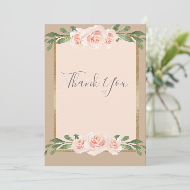 Beige Blush Floral Script Romantic Elegant Thank You Card (Standing Front)