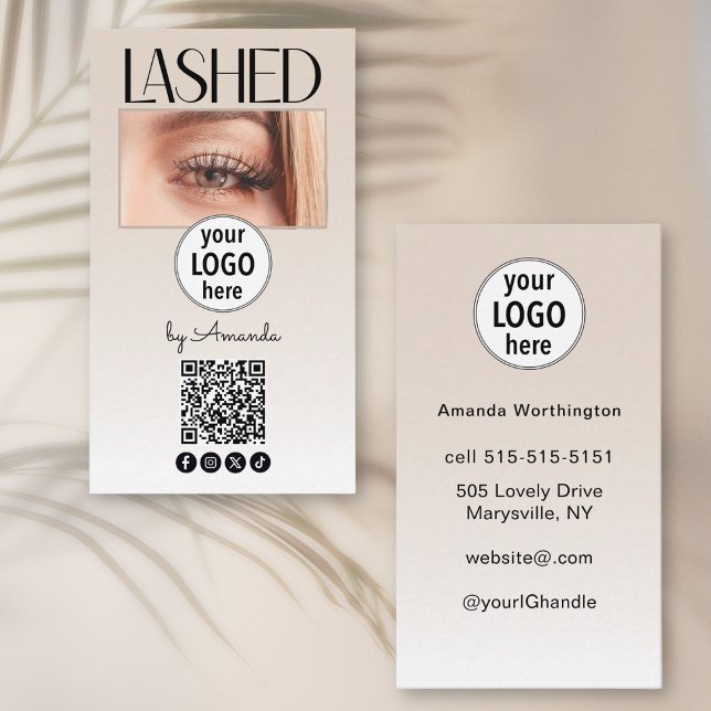 Beige Blush Lashed Logo QR Code Social Business Card (Creator Uploaded)