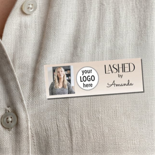 Beige Blush Lashed Minimal Logo Photo  Name Tag (Creator Uploaded)