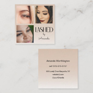 Beige Blush Lashed Minimalist Script Photo  Square Business Card