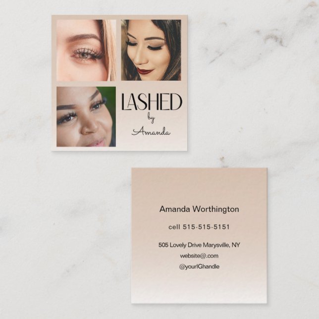 Beige Blush Lashed Minimalist Script Photo  Square Business Card (Front/Back)