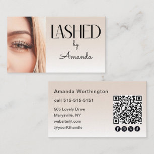 Beige Blush Lashed Photo QR Code Social Icons Business Card