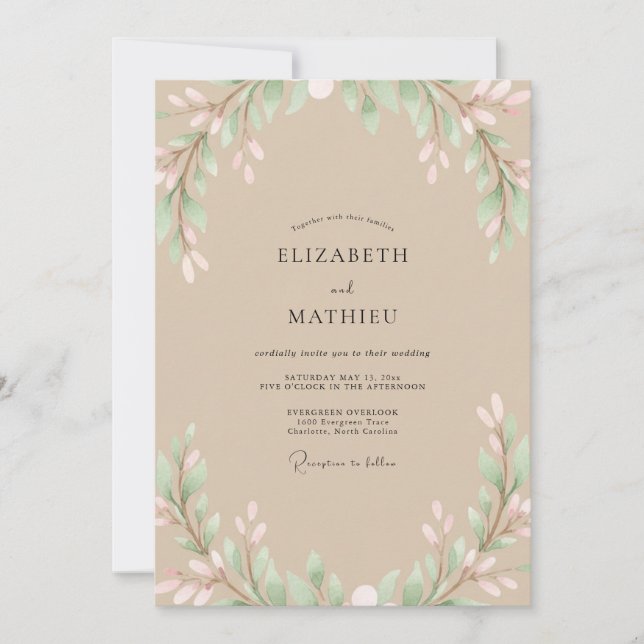 Beige Blush Leafy Wedding Invitation (Front)