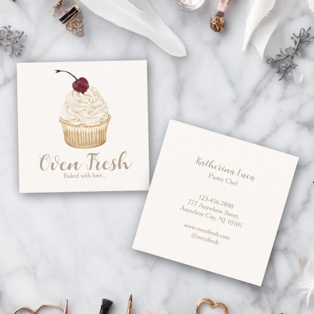 Beige Blush Watercolor Cupcake Bakery  Square Business Card (Creator Uploaded)