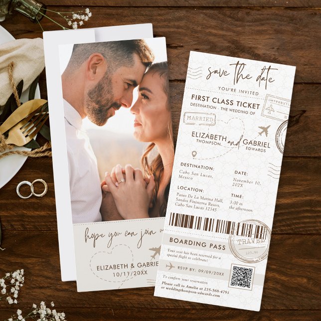 Beige Boarding Pass Destination Photo Wedding Invitation (Creator Uploaded)