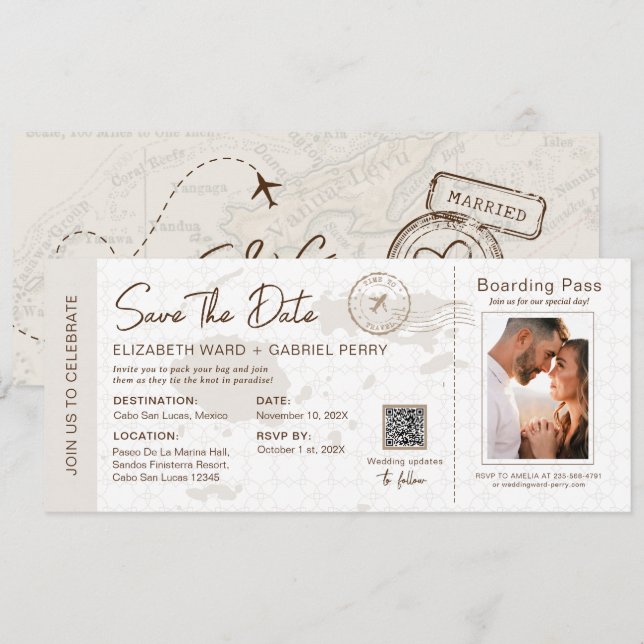 Beige Boarding Pass Destination Wedding Fiji Map Invitation (Front/Back)