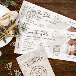 Beige Boarding Pass Destination Wedding QR code Invitation