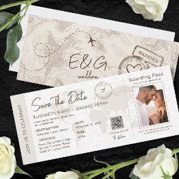 Beige Boarding Pass Travel Wedding Qr Code Invitation