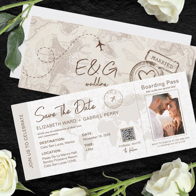 Beige Boarding Pass Travel Wedding Qr Code Invitation (Creator Uploaded)