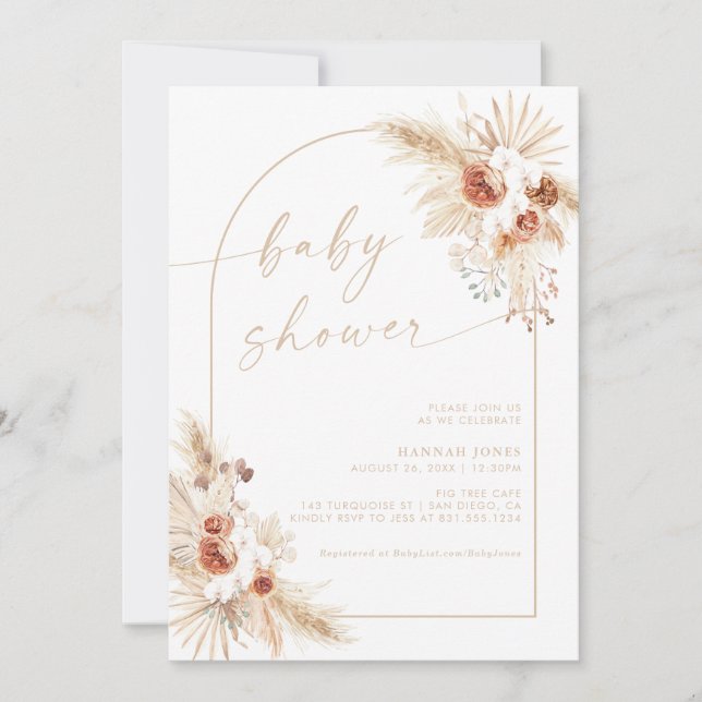 Beige Boho Baby Shower Pampas Grass Invitation (Front)