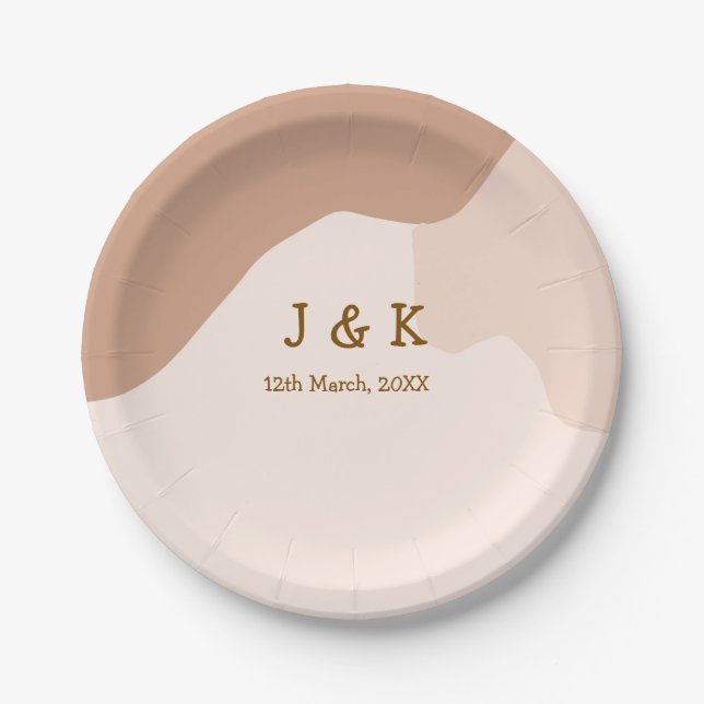 Beige boho curvy orange wedding name date paper plate (Front)
