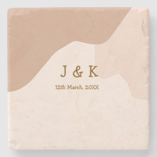 Beige boho curvy orange wedding name date stone coaster